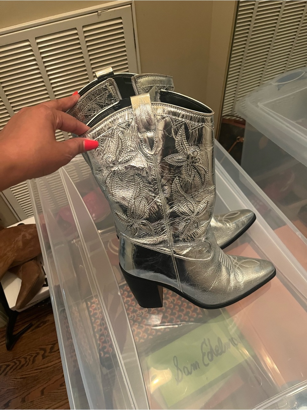 Vince Camino Metallic Silver Western Block Heel Cowboy Boots